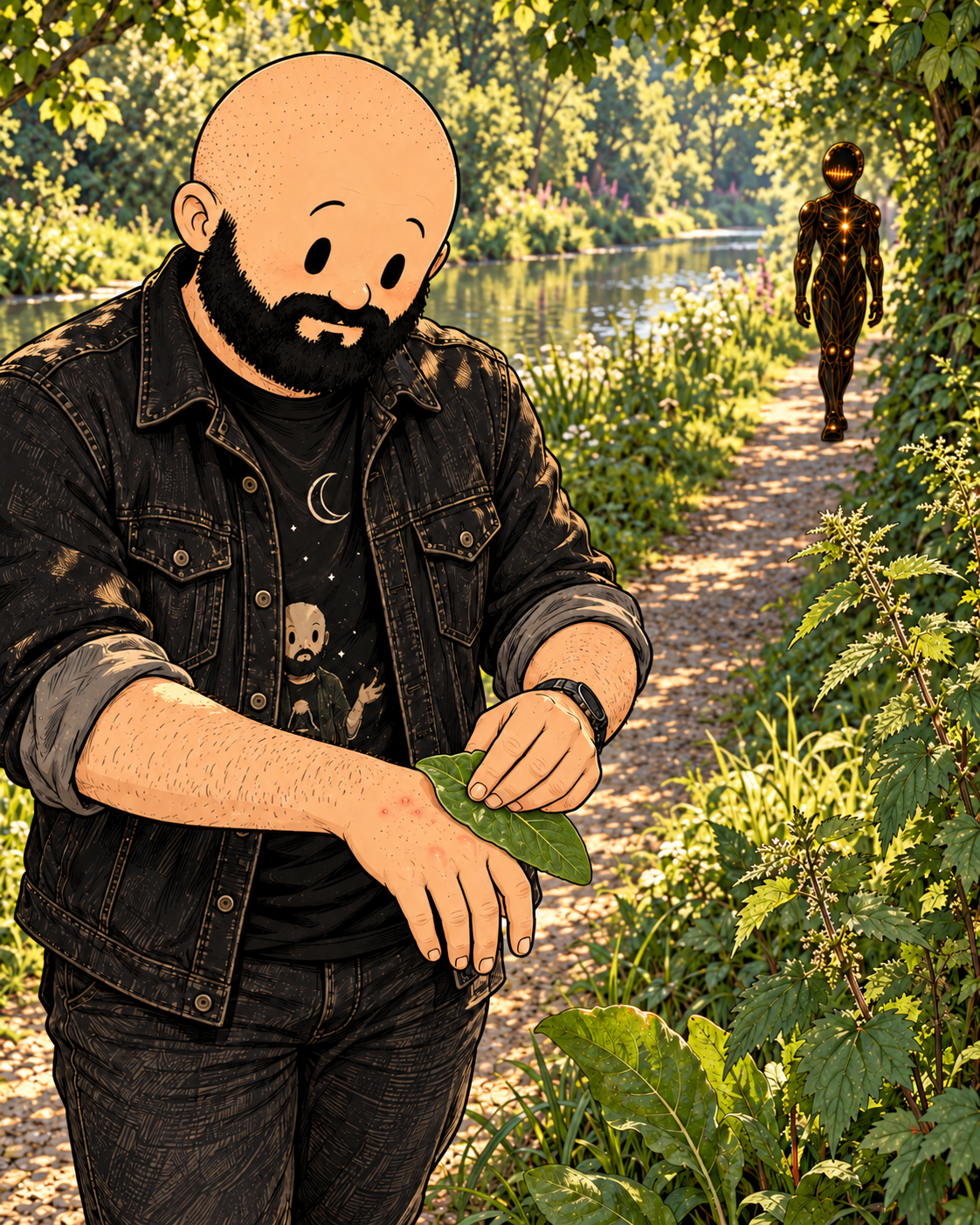 Wayne holding a broad dock leaf near his nettle-stung hand