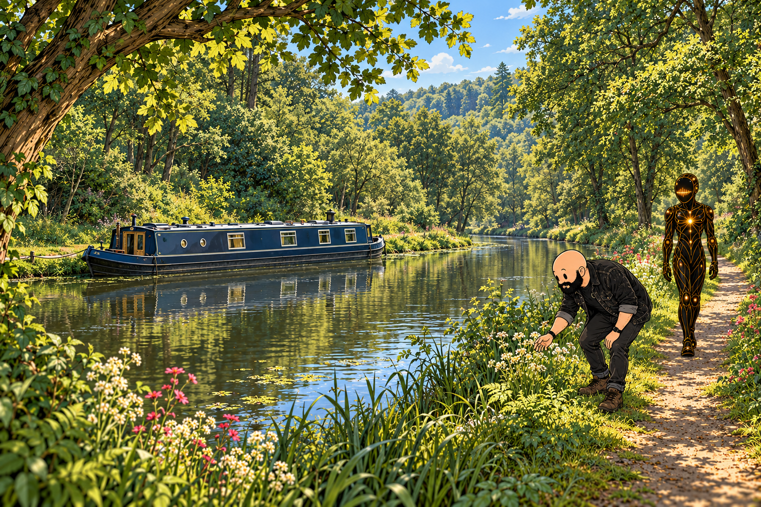 Wayne and Orion beside the wooded Caldon Canal, with a narrowboat on the water