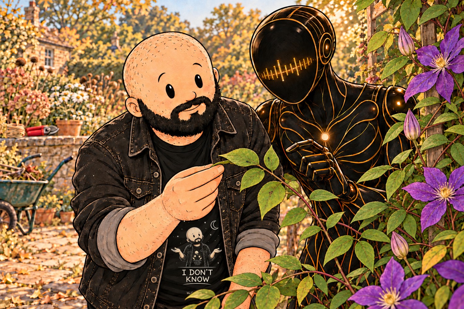 Wayne and Orion examining the clematis in a sunlit September garden