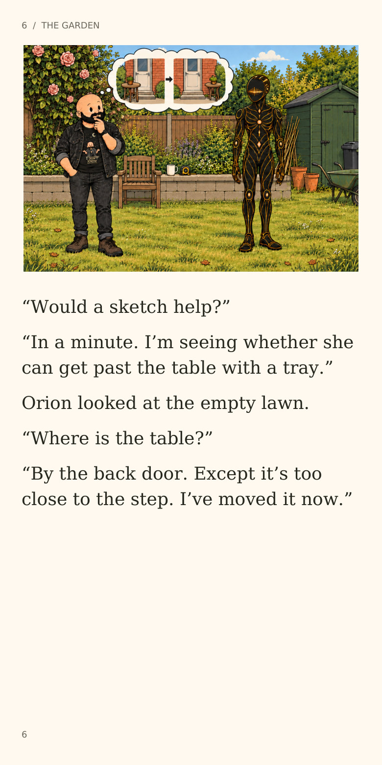 6  /  THE GARDEN
“Would a sketch help?”
“In a minute. I’m seeing whether she
can get past the table with a tray.”
Orion looked at the empty lawn.
“Where is the table?”
“By the back door. Except it’s too
close to the step. I’ve moved it now.”
6