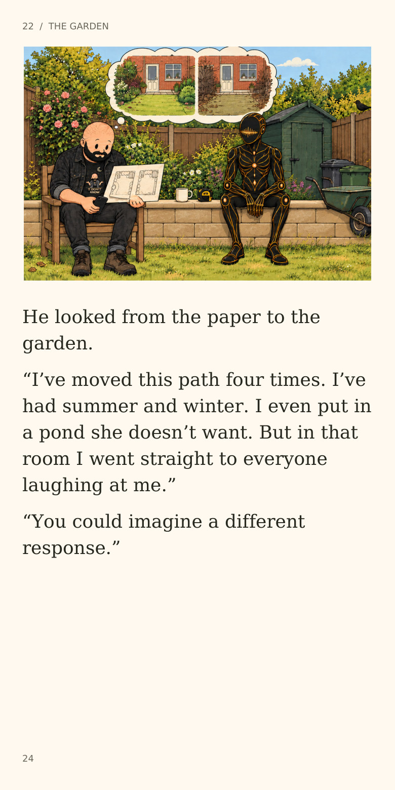 22  /  THE GARDEN
He looked from the paper to the
garden.
“I’ve moved this path four times. I’ve
had summer and winter. I even put in
a pond she doesn’t want. But in that
room I went straight to everyone
laughing at me.”
“You could imagine a different
response.”
24