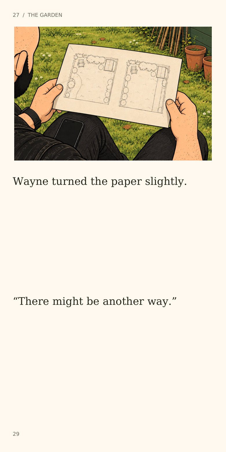 27  /  THE GARDEN
Wayne turned the paper slightly.
“There might be another way.”
29