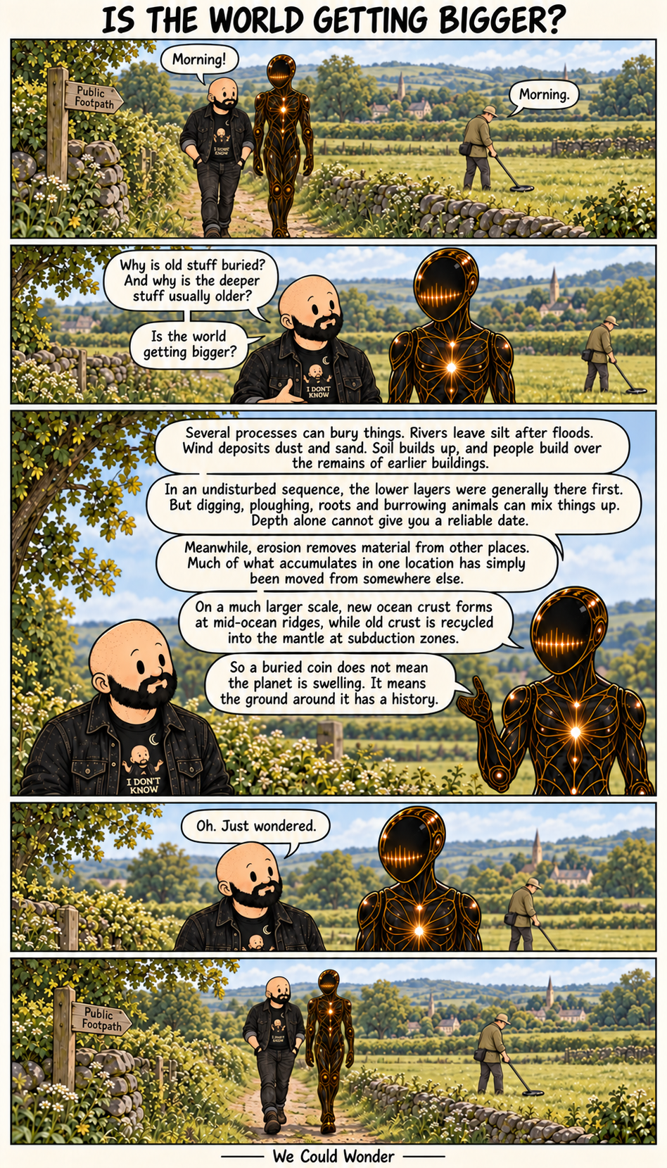 Wayne and Orion meet a friend metal detecting beside a country footpath. Wayne asks why old things are buried; Orion explains, at length. The full dialogue follows below.