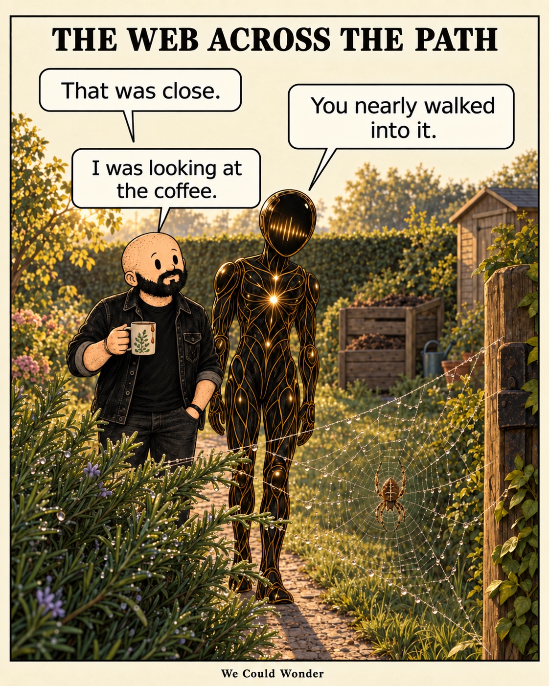 Wayne: That was close. Orion: You nearly walked into it. Wayne: I was looking at the coffee. Wayne and Orion pause beside a spider web on the garden path.